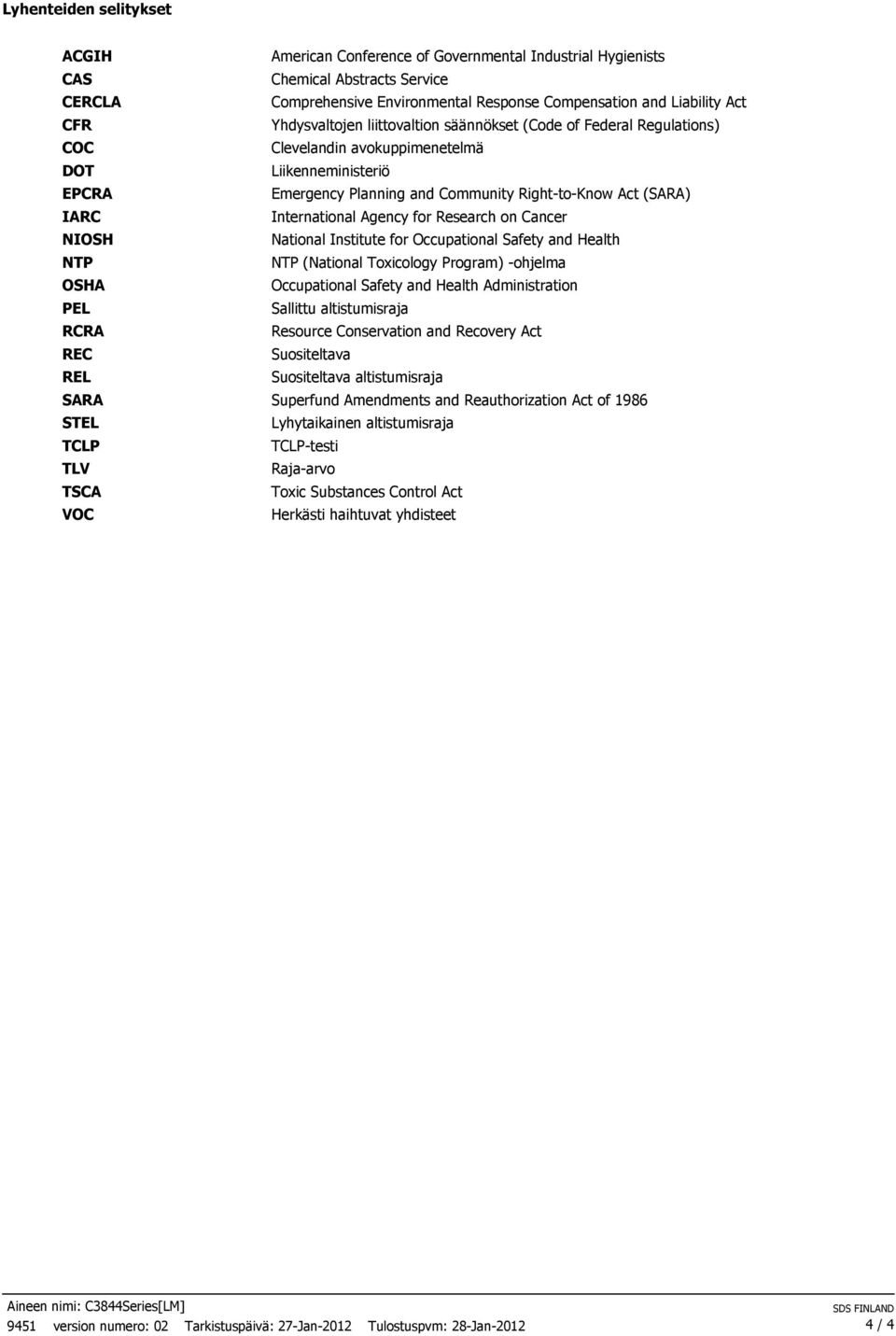 Emergency Planning and Community Right-to-Know Act (SARA) International Agency for Research on Cancer National Institute for Occupational Safety and Health NTP (National Toxicology Program) -ohjelma