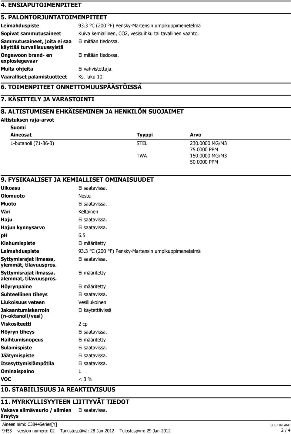 luku 10. 6. TOIMENPITEET ONNETTOMUUSPÄÄSTÖISSÄ 7. KÄSITTELY JA VARASTOINTI 8. ALTISTUMISEN EHKÄISEMINEN JA HENKILÖN SUOJAIMET Altistuksen raja-arvot Suomi Aineosat Tyyppi Arvo (71-36-3) STEL TWA 230.