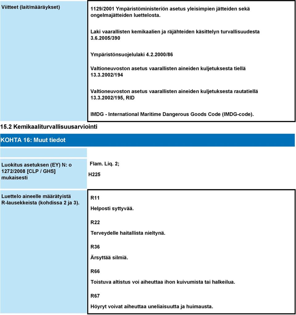 2 Kemikaaliturvallisuusarviointi KOHTA 16: Muut tiedot IMDG - International Maritime Dangerous Goods Code (IMDG-code). Luokitus asetuksen (EY) N: o 1272/2008 [CLP / GHS] mukaisesti Flam. Liq.