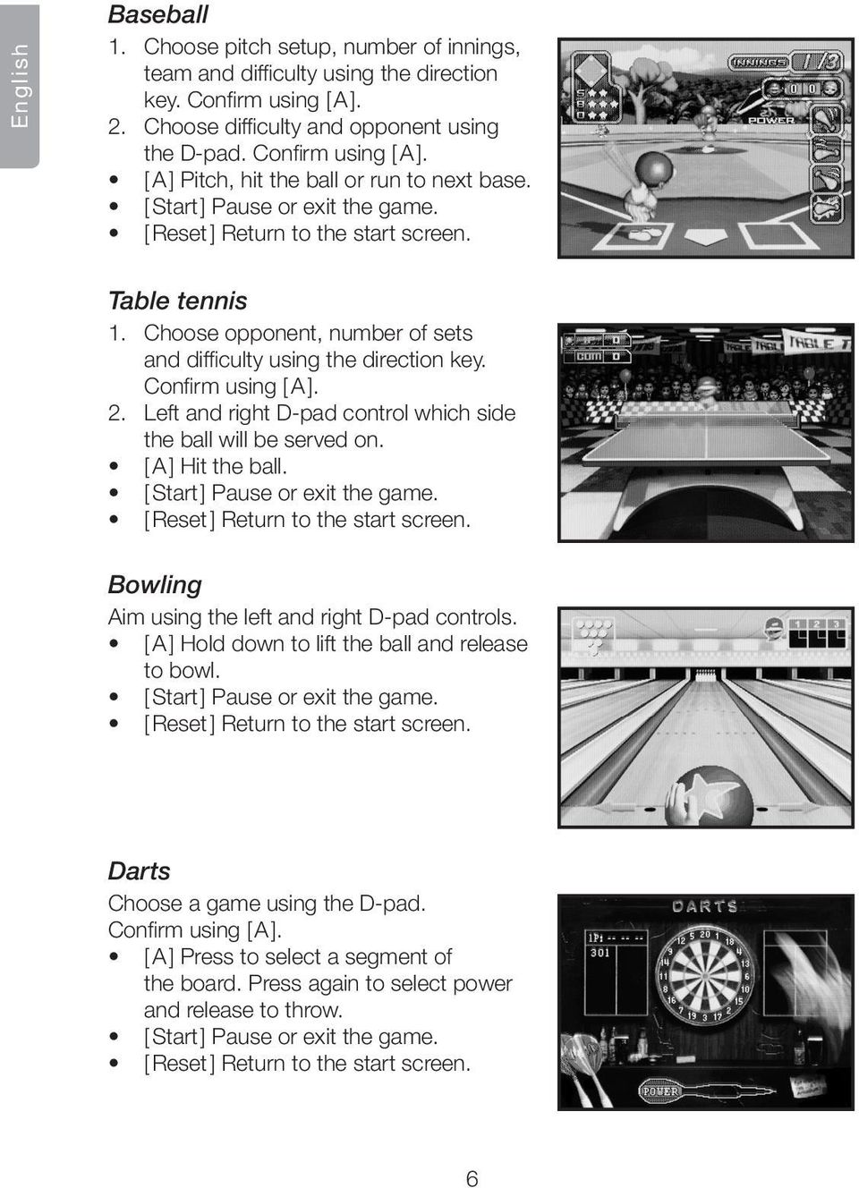 Left and right D-pad control which side the ball will be served on. [ A ] Hit the ball. [ Start ] Pause or exit the game. [ Reset ] Return to the start screen.