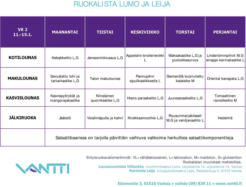 Savustettu lohi ja tartarkastike Talon makulounas Pannupihvi sipulikastikkeella L Siemenillä kuorrutettu kalaleike M Oriental kanapata Kasvispyörykät ja mangorajakastike