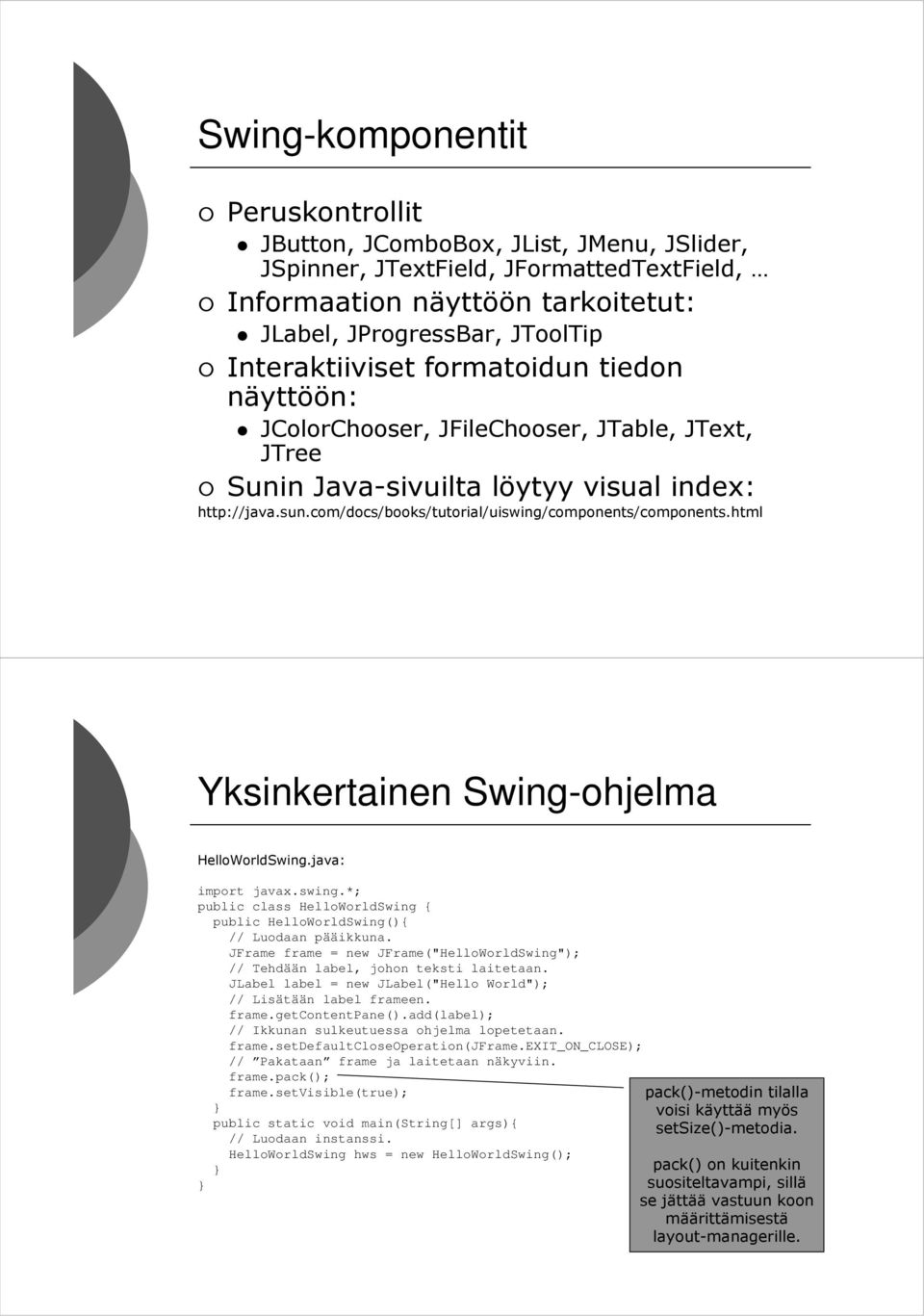 com/docs/books/tutorial/uiswing/components/components.html Yksinkertainen Swing-ohjelma HelloWorldSwing.java: import javax.swing.*; public class HelloWorldSwing { public HelloWorldSwing(){ // Luodaan pääikkuna.