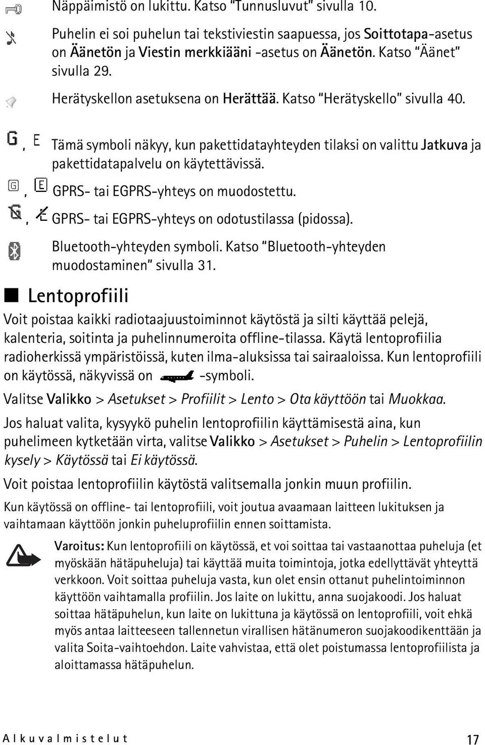 , Tämä symboli näkyy, kun pakettidatayhteyden tilaksi on valittu Jatkuva ja pakettidatapalvelu on käytettävissä., GPRS- tai EGPRS-yhteys on muodostettu.