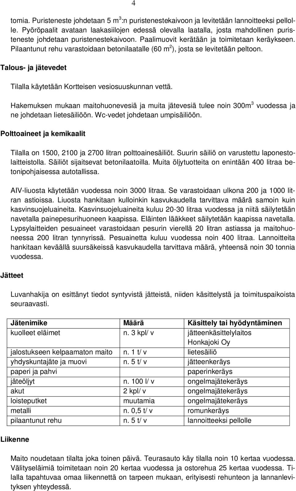 Pilaantunut rehu varastoidaan betonilaatalle (60 m 2 ), josta se levitetään peltoon. Talous- ja jätevedet Tilalla käytetään Kortteisen vesiosuuskunnan vettä.