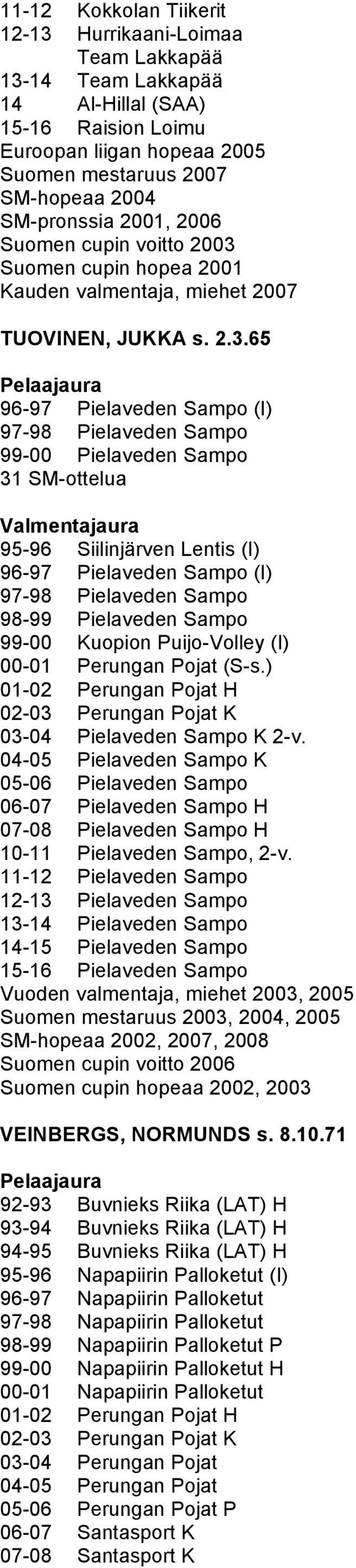 Suomen cupin hopea 2001 Kauden valmentaja, miehet 2007 TUOVINEN, JUKKA s. 2.3.