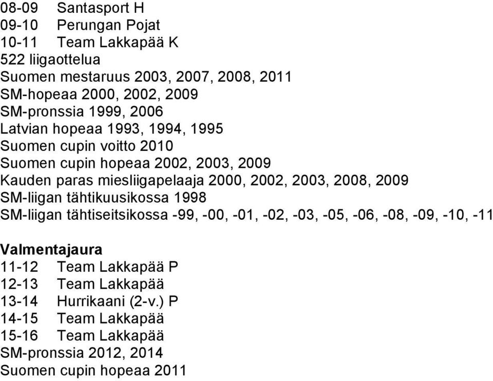 2000, 2002, 2003, 2008, 2009 SM-liigan tähtikuusikossa 1998 SM-liigan tähtiseitsikossa -99, -00, -01, -02, -03, -05, -06, -08, -09, -10, -11 11-12