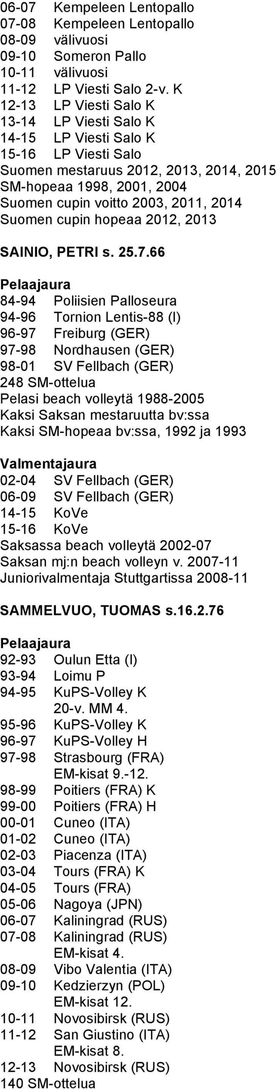 Suomen cupin hopeaa 2012, 2013 SAINIO, PETRI s. 25.7.