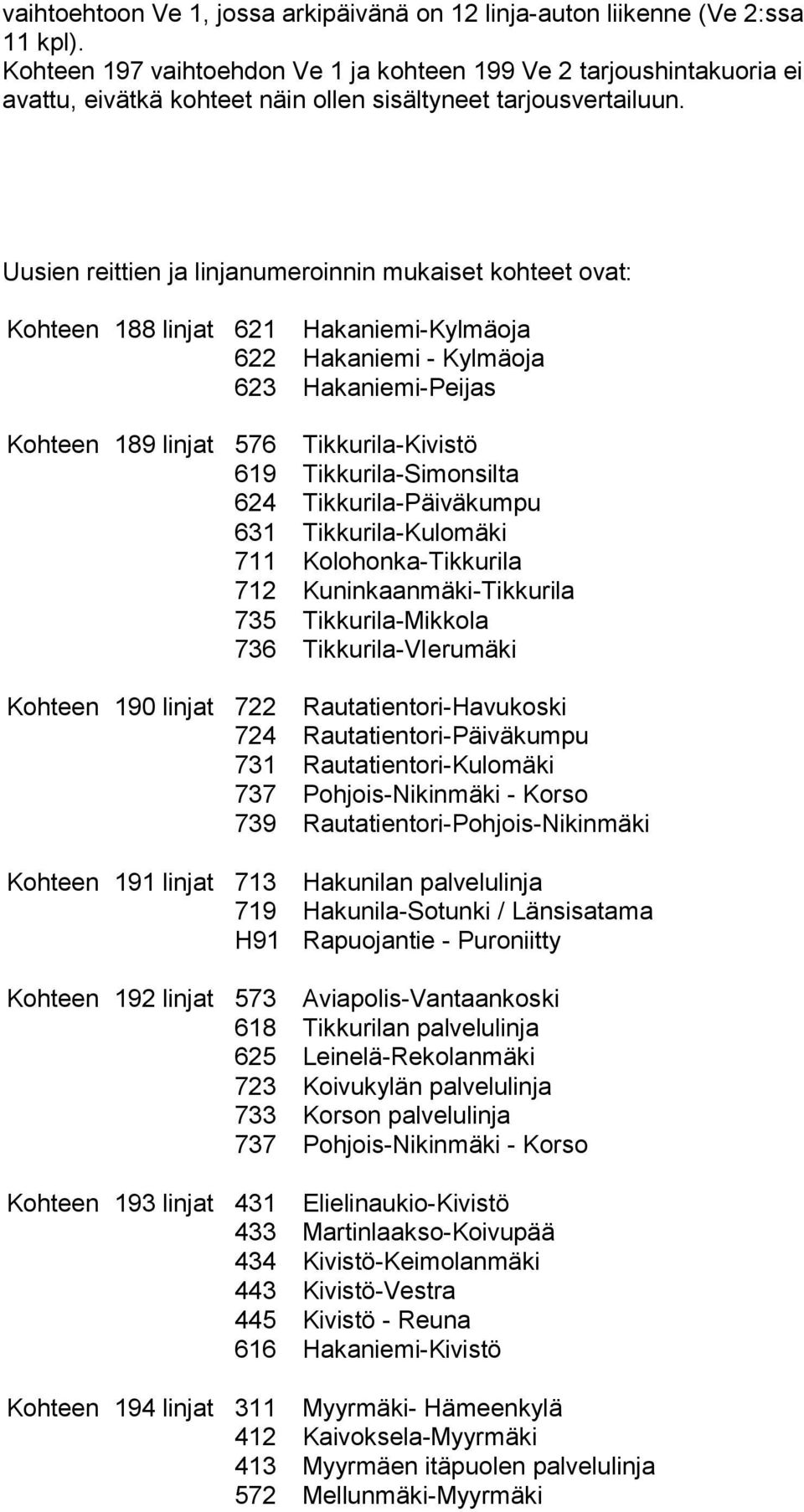 Uusien reittien ja linjanumeroinnin mukaiset kohteet ovat: Kohteen 188 linjat 621 Hakaniemi-Kylmäoja 622 Hakaniemi - Kylmäoja 623 Hakaniemi-Peijas Kohteen 189 linjat 576 Tikkurila-Kivistö 619