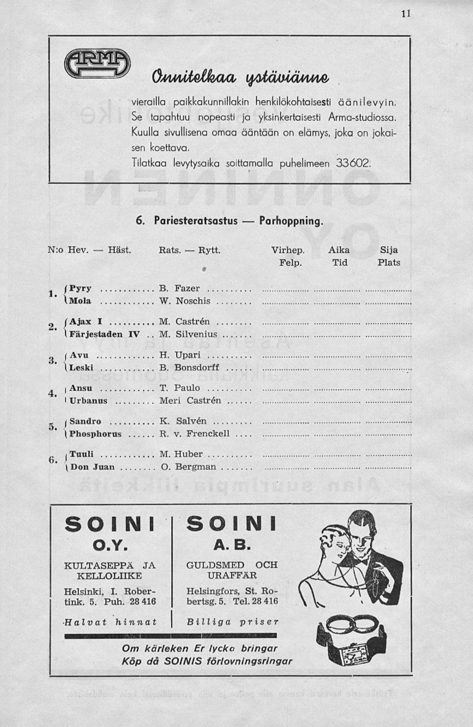 Tid Plats ~ (Pyry B. Fazer \Mola W. Noschis fajax I M. Castren (Färjestaden IV..M. Silvenius H. Upari \Leski B. Bonsdorff... T. Paulo I Urbanus Meri Castren j Sandro K. Salvén t Phosphorus R. v.