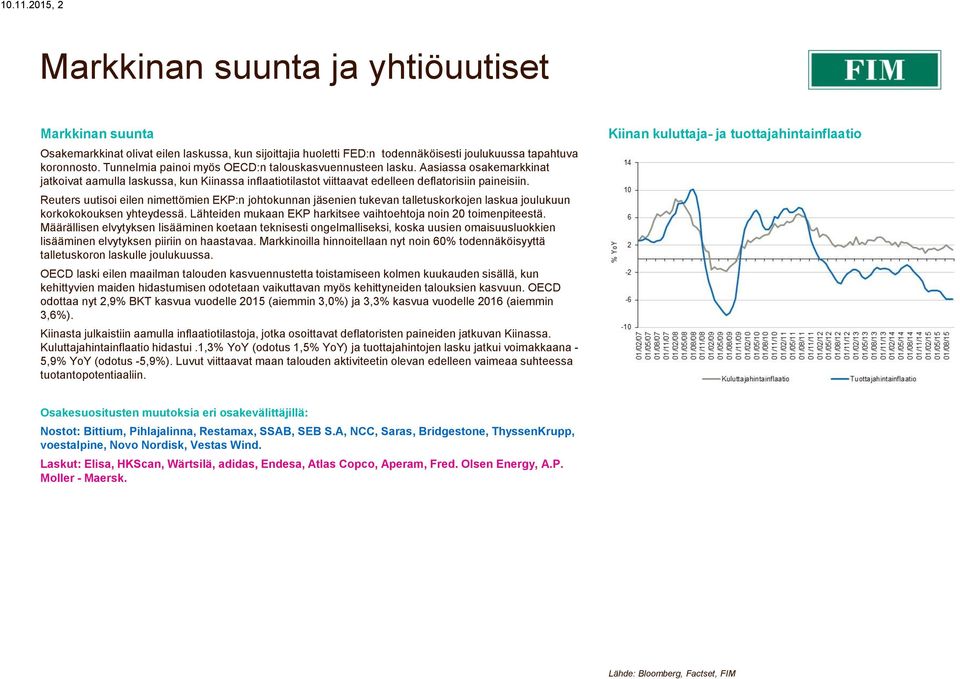 Reuters uutisoi eilen nimettömien EKP:n johtokunnan jäsenien tukevan talletuskorkojen laskua joulukuun korkokokouksen yhteydessä. Lähteiden mukaan EKP harkitsee vaihtoehtoja noin 20 toimenpiteestä.