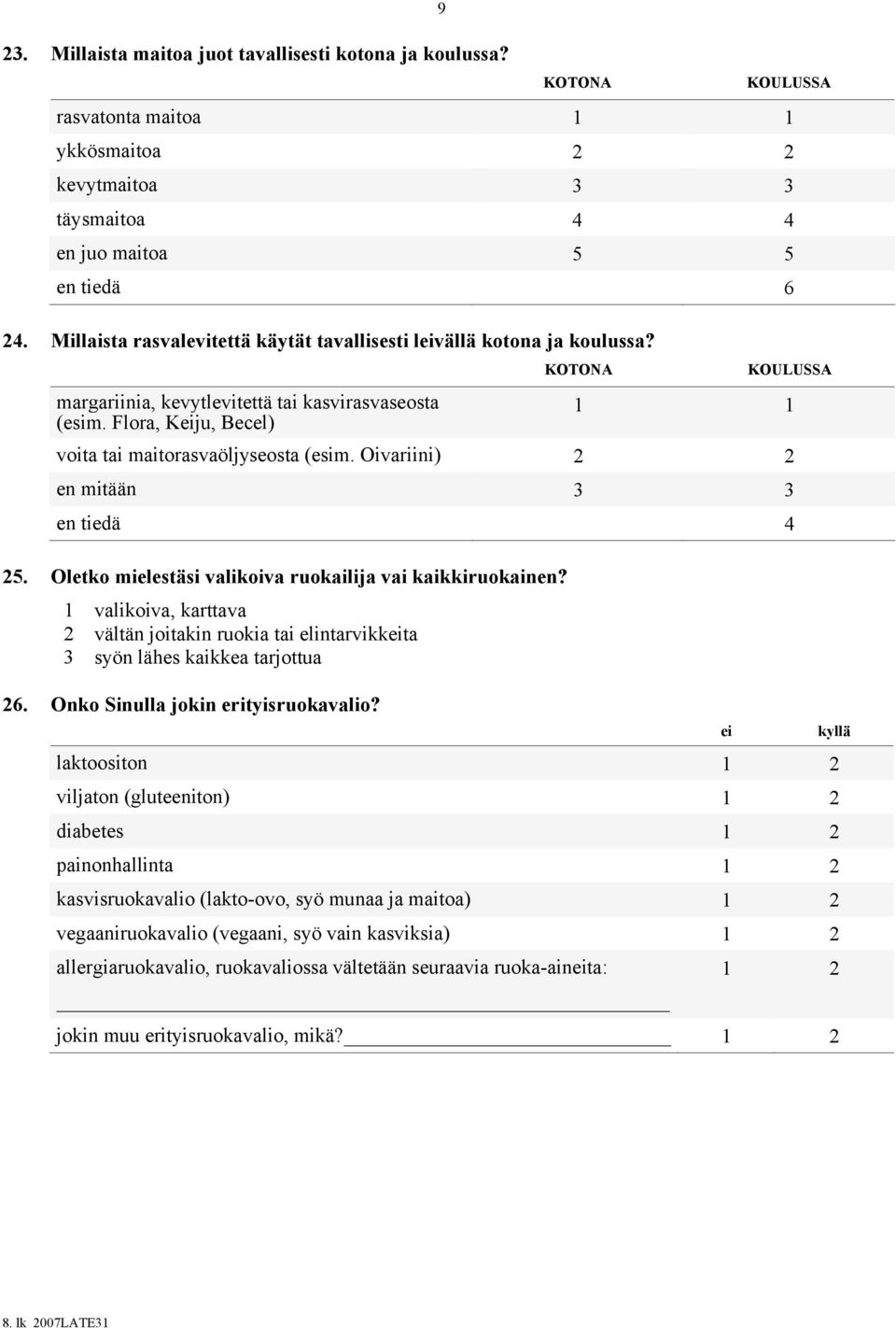 Flora, Keiju, Becel) KOTONA KOULUSSA 1 1 voita tai maitorasvaöljyseosta (esim. Oivariini) 2 2 en mitään 3 3 en tiedä 4 25. 26. Oletko mielestäsi valikoiva ruokailija vai kaikkiruokainen?