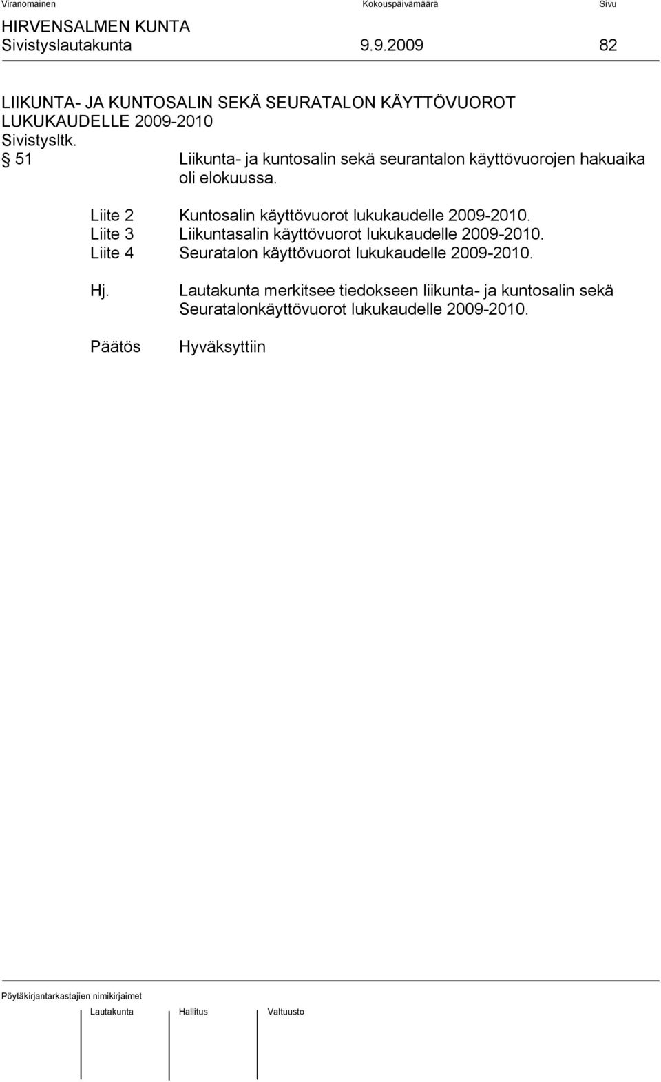 Liite 2 Kuntosalin käyttövuorot lukukaudelle 2009-2010. Liite 3 Liikuntasalin käyttövuorot lukukaudelle 2009-2010.