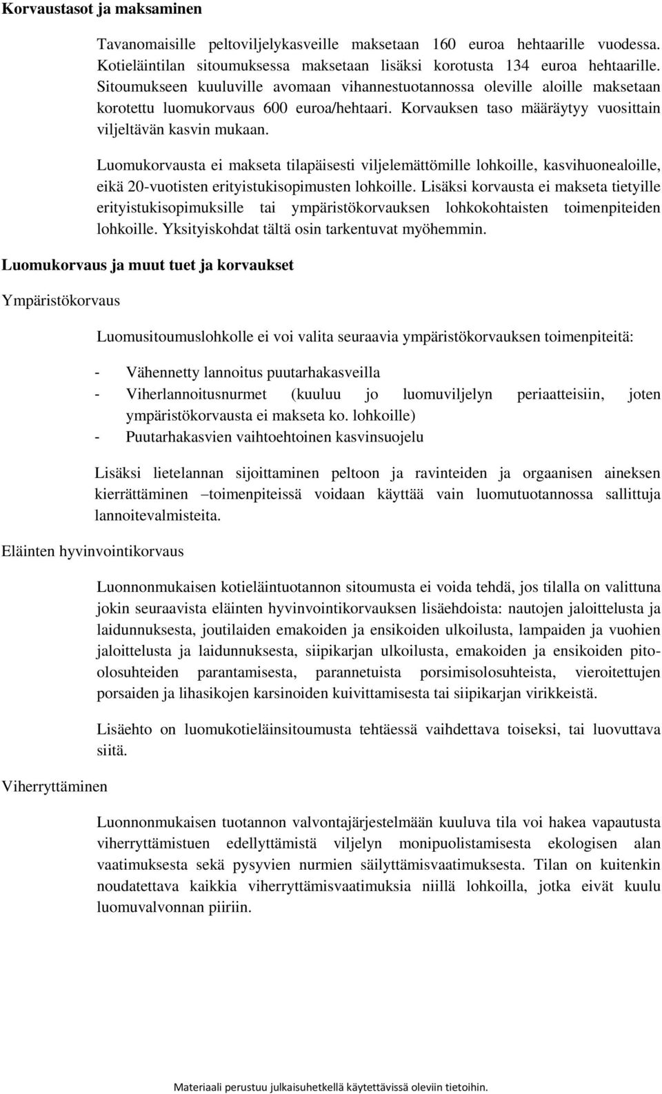 Luomukorvausta ei makseta tilapäisesti viljelemättömille lohkoille, kasvihuonealoille, eikä 20-vuotisten erityistukisopimusten lohkoille.