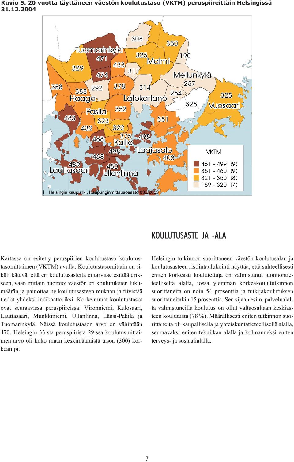 Helsingin kaupunki, Kaupunginmittausosasto 036/2003 351 350 190 257 264 328 403 325 Vuosaari VKTM 461-499 (9) 351-460 (9) 321-350 (8) 189-320 (7) KOULUTUSASTE JA -ALA Kartassa on esitetty