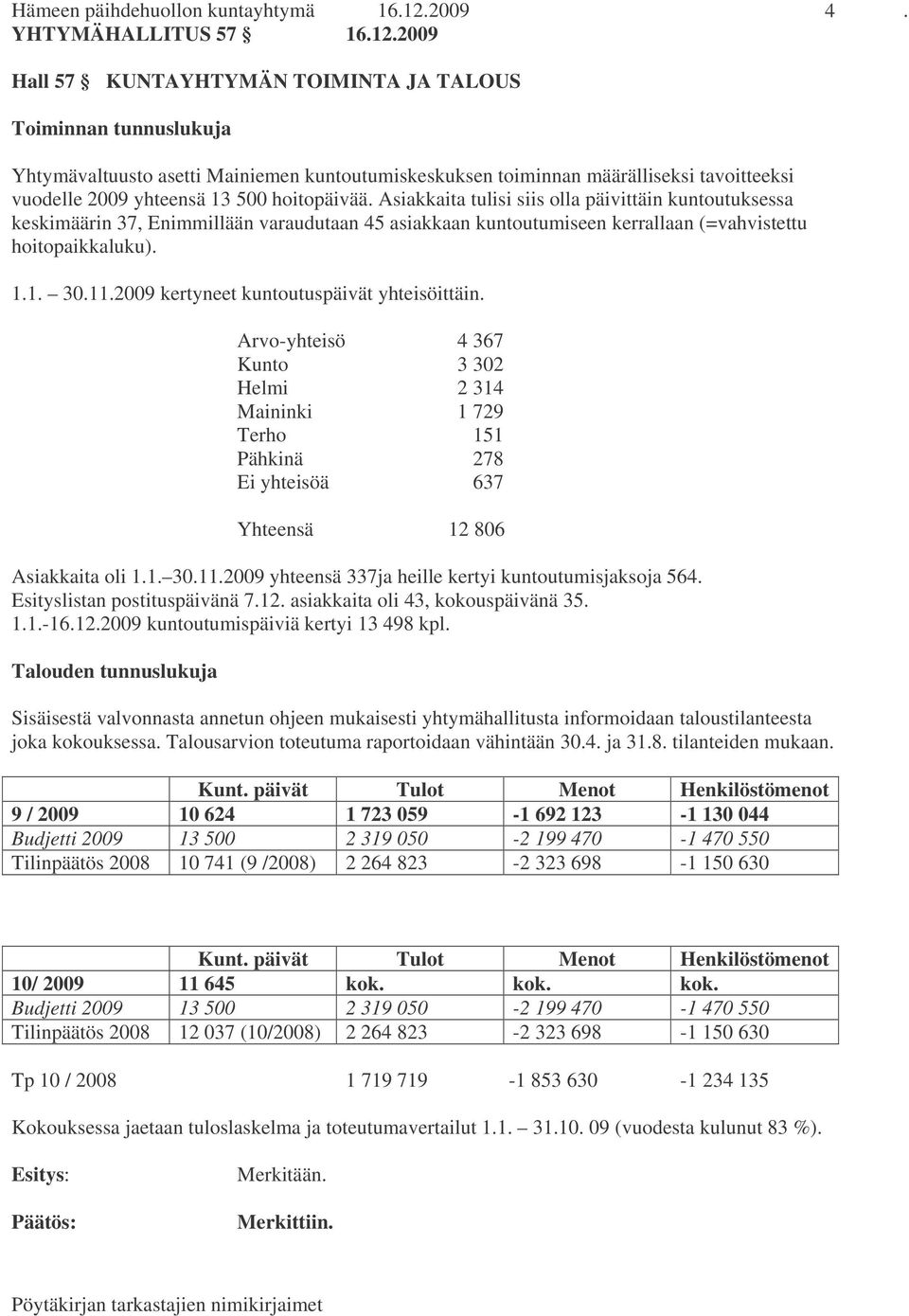 2009 Hall 57 KUNTAYHTYMÄN TOIMINTA JA TALOUS Toiminnan tunnuslukuja Yhtymävaltuusto asetti Mainiemen kuntoutumiskeskuksen toiminnan määrälliseksi tavoitteeksi vuodelle 2009 yhteensä 13 500