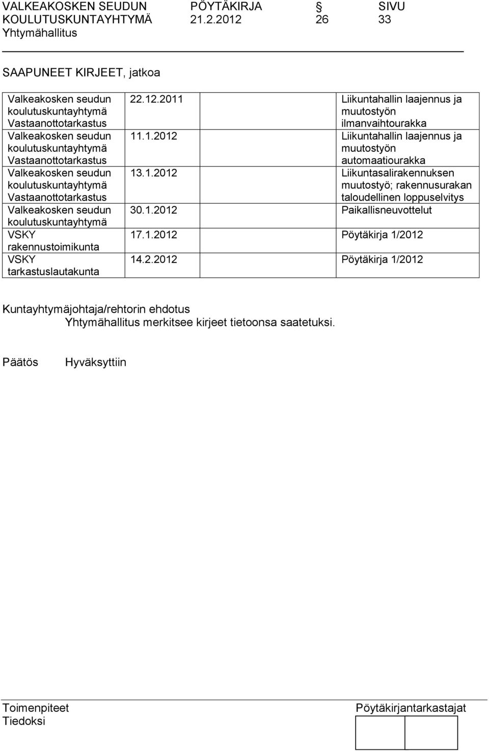 Valkeakosken seudun koulutuskuntayhtymä Vastaanottotarkastus Valkeakosken seudun koulutuskuntayhtymä VSKY rakennustoimikunta VSKY tarkastuslautakunta 22.12.