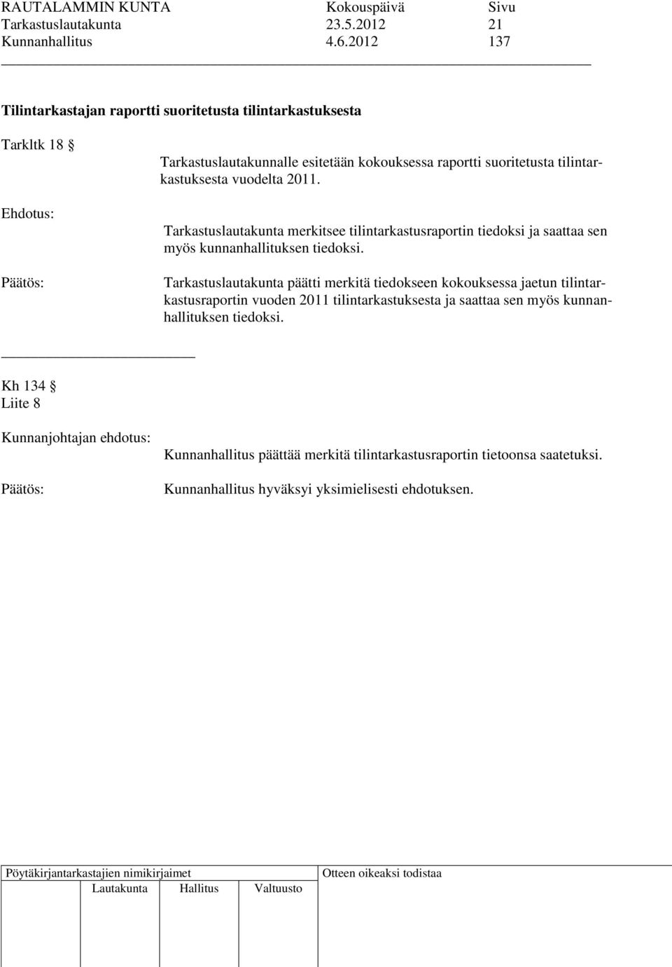 suoritetusta tilintarkastuksesta vuodelta 2011.