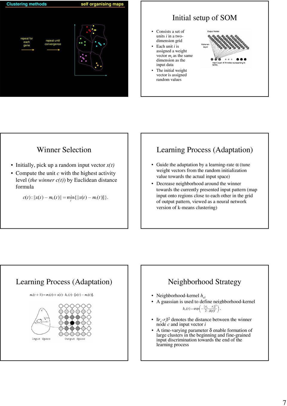 unit c with the highest activity level (the winner c(t)) by Euclidean distance formula Guide the adaptation by a learning-rate α (tune weight vectors from the random initialization value towards the