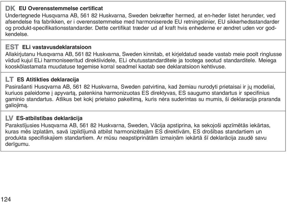 EST ELi vastavusdeklaratsioon Allakirjutanu Husqvarna AB, 561 82 Huskvarna, Sweden kinnitab, et kirjeldatud seade vastab meie poolt ringlusse viidud kujul ELi harmoniseeritud direktiividele, ELi