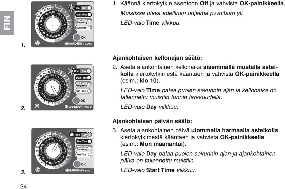 LED-valo Time palaa puolen sekunnin ajan ja kellonaika on tallennettu muistiin tunnin tarkkuudella. LED-valo Day vilkkuu. Ajankohtaisen päivän säätö: 3.