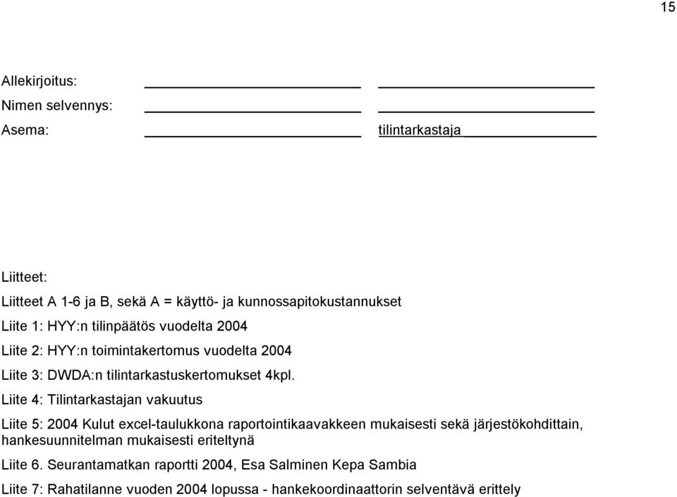 Liite 4: Tilintarkastajan vakuutus Liite 5: 2004 Kulut excel taulukkona raportointikaavakkeen mukaisesti sekä järjestökohdittain,