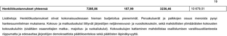 Kokous ja matkustuskulut liittyvät järjestöjen neljännesvuosi ja vuosikokouksiin, sekä mahdollisten ylimääräisten kokousten kokouskuluihin (sisältäen