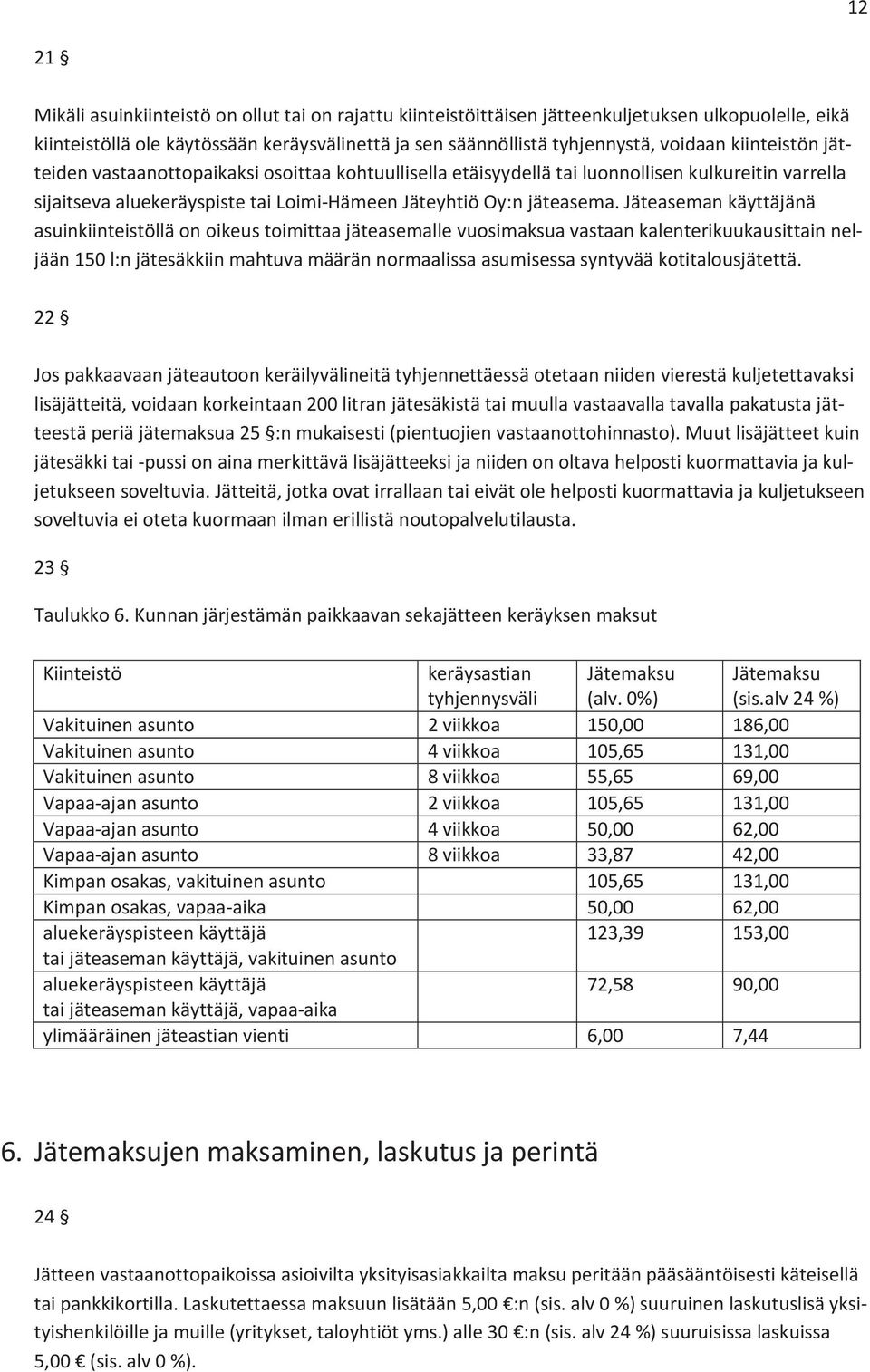 Jäteaseman käyttäjänä asuinkiinteistöllä on oikeus toimittaa jäteasemalle vuosimaksua vastaan kalenterikuukausittain neljään 150 l:n jätesäkkiin mahtuva määrän normaalissa asumisessa syntyvää