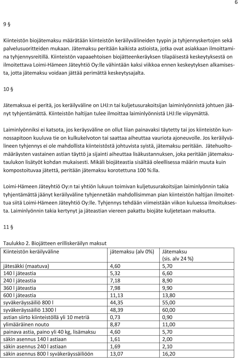 Kiinteistön vapaaehtoisen biojätteenkeräyksen tilapäisestä keskeytyksestä on ilmoitettava Loimi-Hämeen Jäteyhtiö Oy:lle vähintään kaksi viikkoa ennen keskeytyksen alkamisesta, jotta jätemaksu voidaan