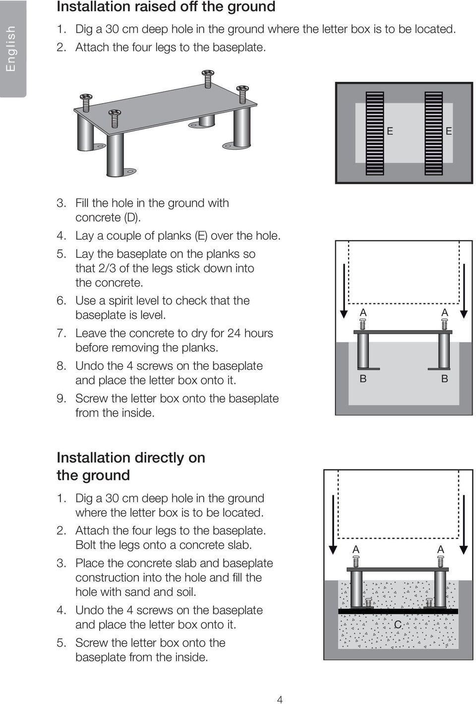 Leave the concrete to dry for 24 hours before removing the planks. 8. Undo the 4 screws on the baseplate and place the letter box onto it. 9. Screw the letter box onto the baseplate from the inside.