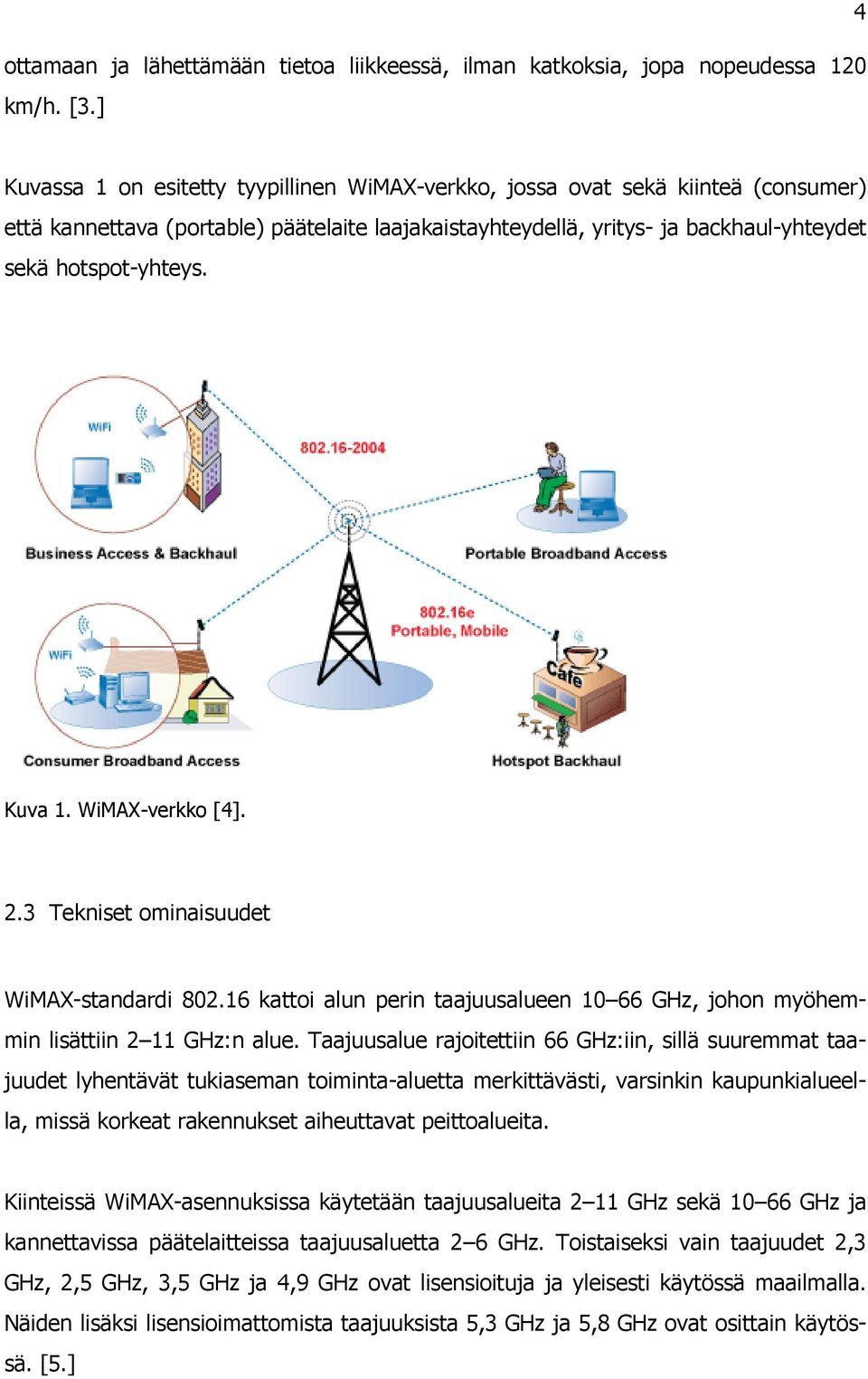 Kuva 1. WiMAX-verkko [4]. 2.3 Tekniset ominaisuudet WiMAX-standardi 802.16 kattoi alun perin taajuusalueen 10 66 GHz, johon myöhemmin lisättiin 2 11 GHz:n alue.