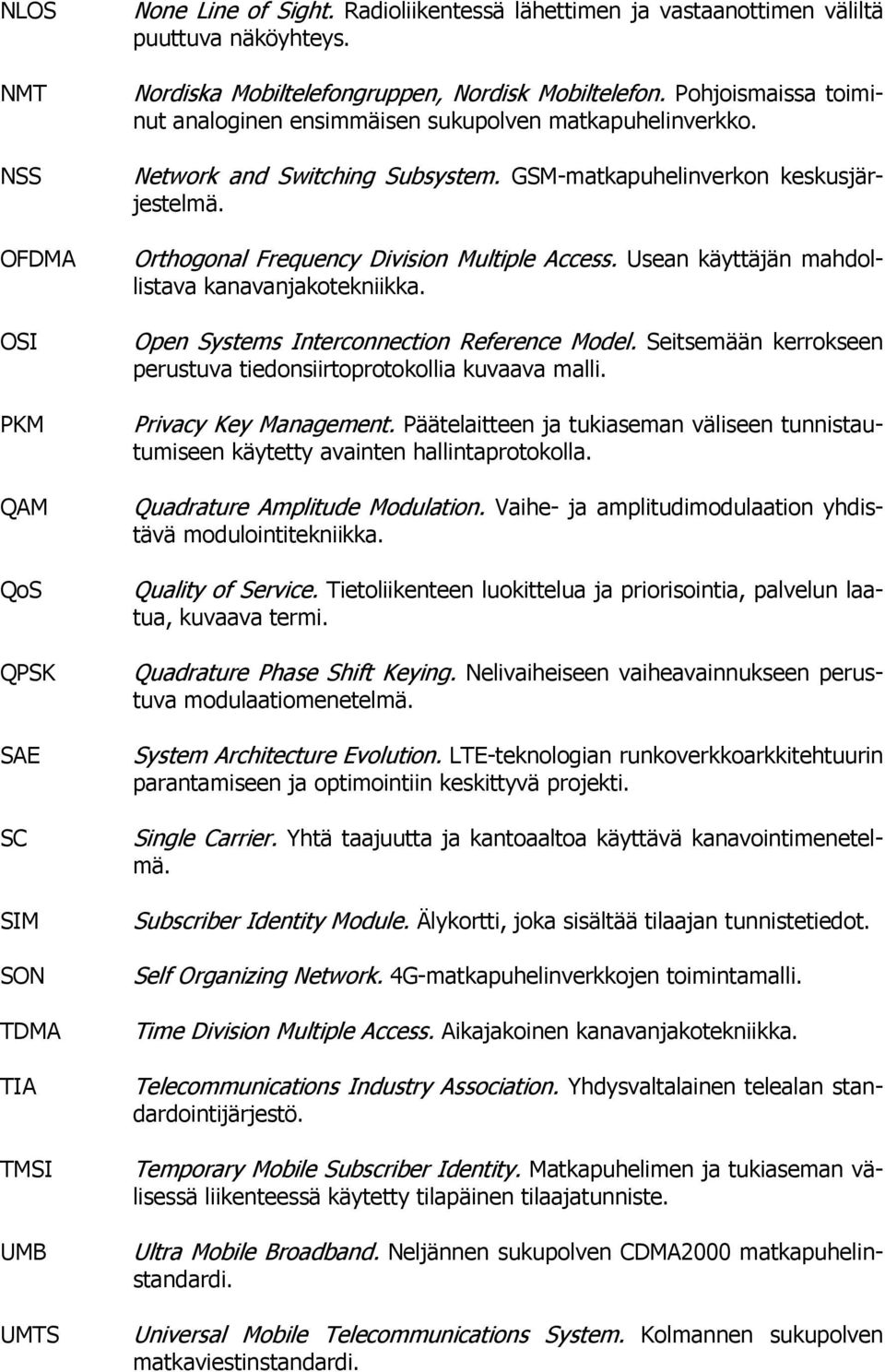 GSM-matkapuhelinverkon keskusjärjestelmä. Orthogonal Frequency Division Multiple Access. Usean käyttäjän mahdollistava kanavanjakotekniikka. Open Systems Interconnection Reference Model.