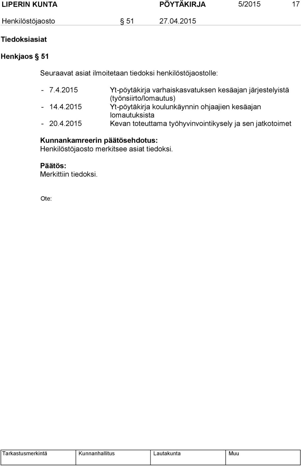 2015 Yt-pöytäkirja varhaiskasvatuksen kesäajan järjestelyistä (työnsiirto/lomautus) - 14.