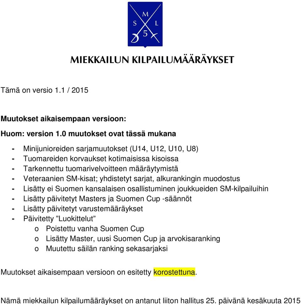 SM-kisat; yhdistetyt sarjat, alkurankingin muodostus - Lisätty ei Suomen kansalaisen osallistuminen joukkueiden SM-kilpailuihin - Lisätty päivitetyt Masters ja Suomen Cup -säännöt - Lisätty