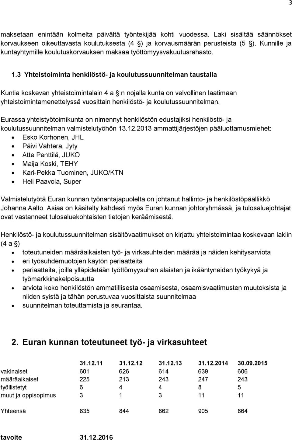 3 Yhteistoiminta henkilöstö- ja suunnitelman taustalla Kuntia koskevan yhteistoimintalain 4 a :n nojalla kunta on velvollinen laatimaan yhteistoimintamenettelyssä vuosittain henkilöstö- ja