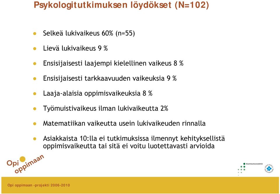 oppimisvaikeuksia 8 % Työmuistivaikeus ilman lukivaikeutta 2% Matematiikan vaikeutta usein lukivaikeuden