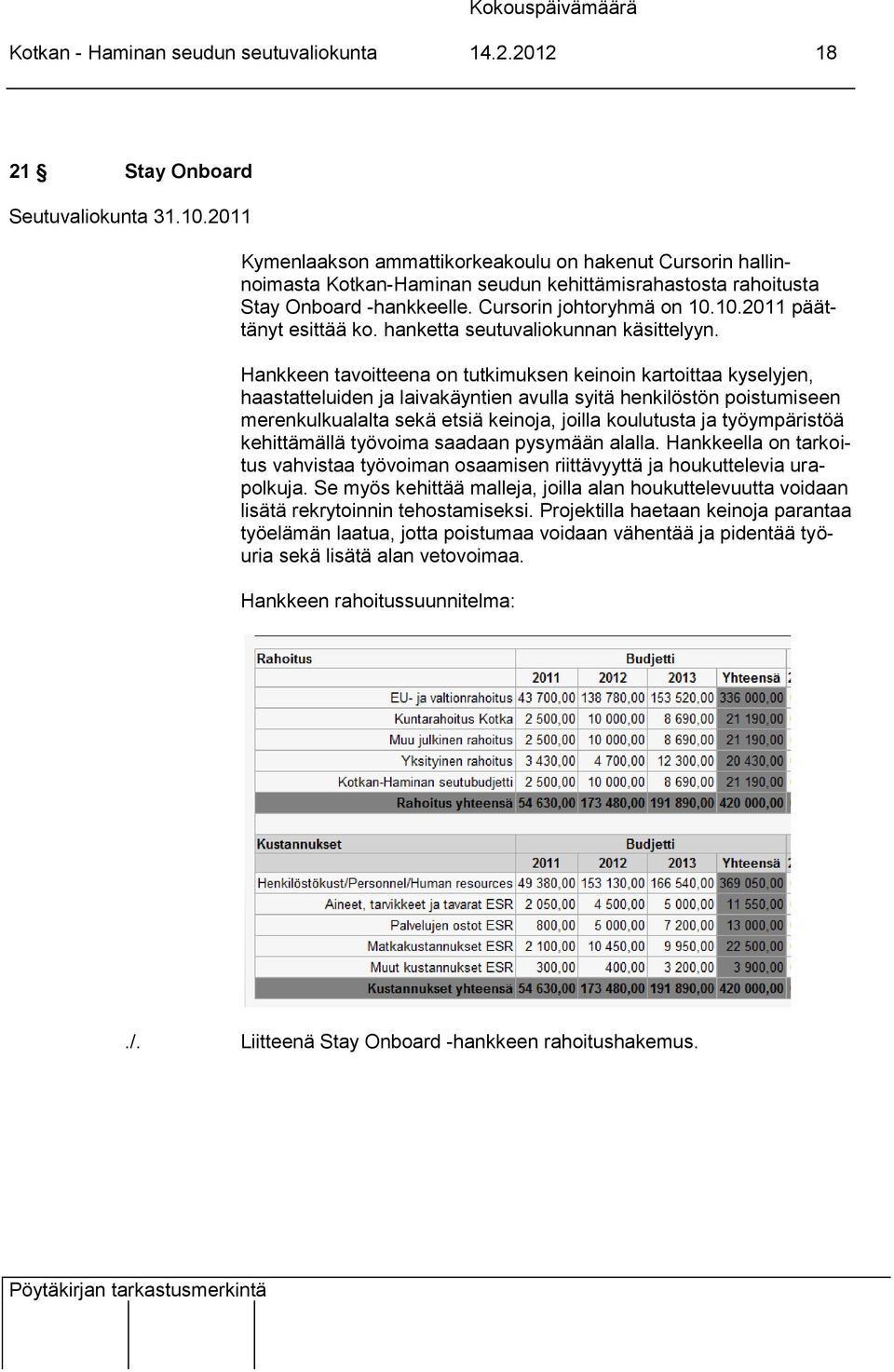 10.2011 päättänyt esittää ko. hanketta seutuvaliokunnan käsittelyyn.