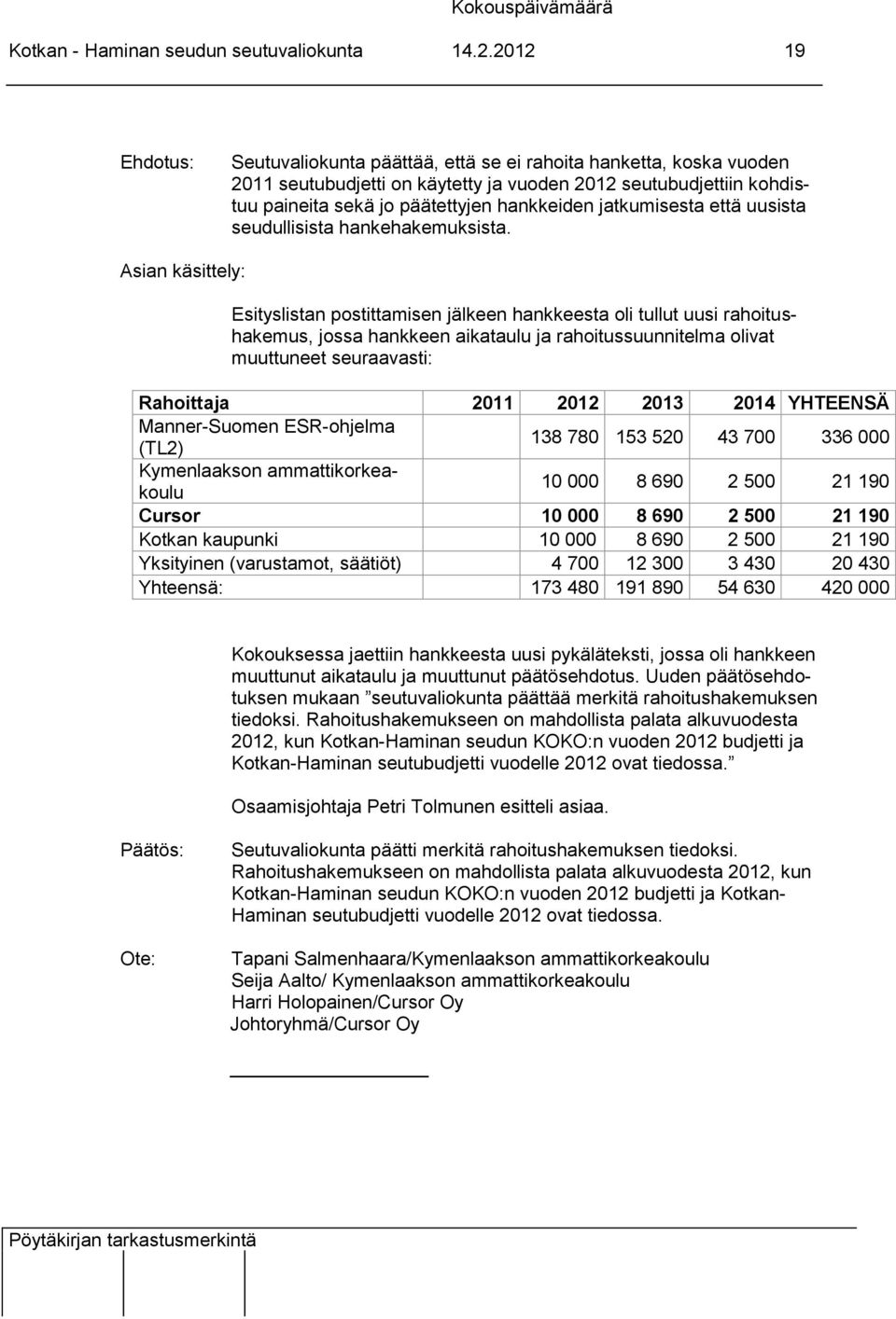 että uusista seudullisista hankehakemuksista.