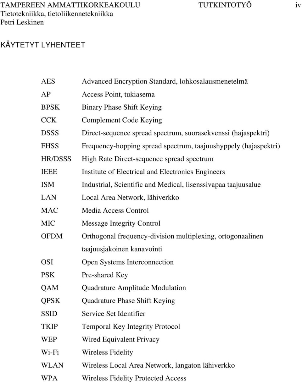 taajuushyppely (hajaspektri) High Rate Direct-sequence spread spectrum Institute of Electrical and Electronics Engineers Industrial, Scientific and Medical, lisenssivapaa taajuusalue Local Area