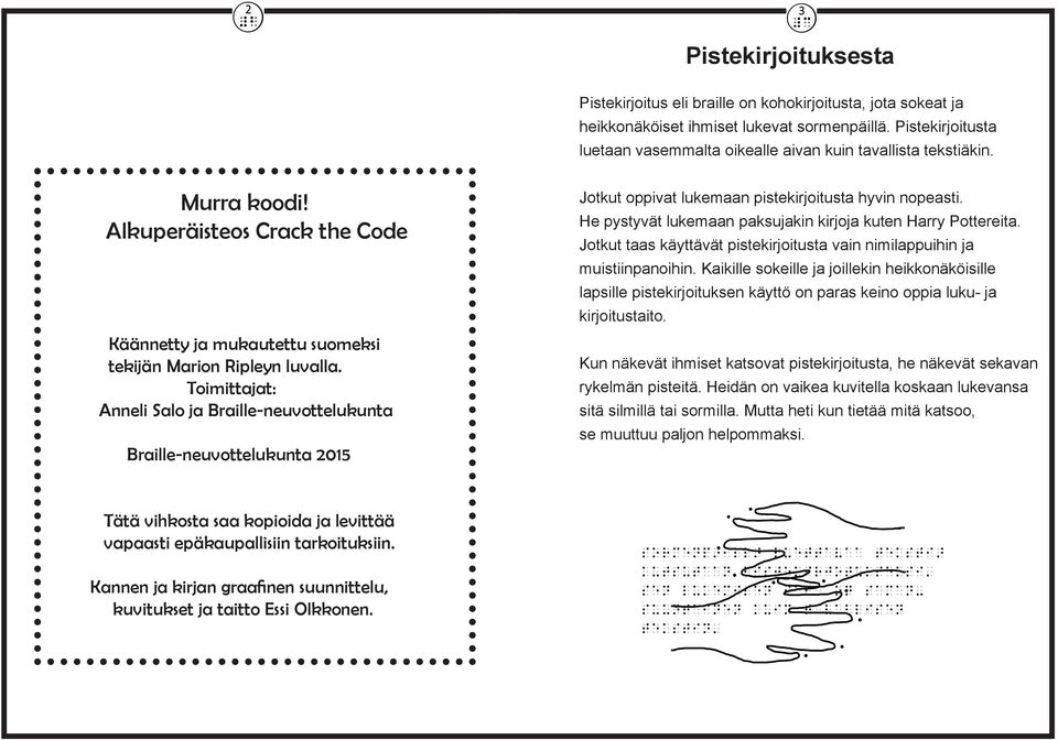 Toimittajat: Anneli Salo ja Braille-neuvottelukunta Braille-neuvottelukunta 2015 Jotkut oppivat lukemaan pistekirjoitusta hyvin nopeasti.