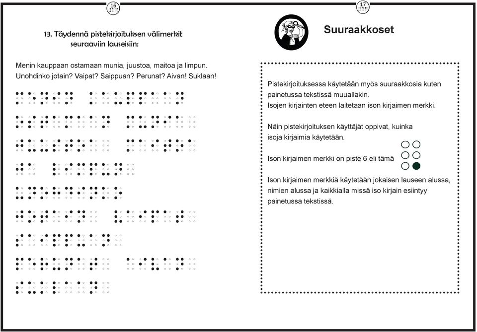 menin kauppaan ostamaan munia~ juustoa~ maitoa ja limpun~ unohdinko jotain~ vaipat~ saippuan~ perunat~ aivan~ suklaan~ Pistekirjoituksessa käytetään myös suuraakkosia kuten