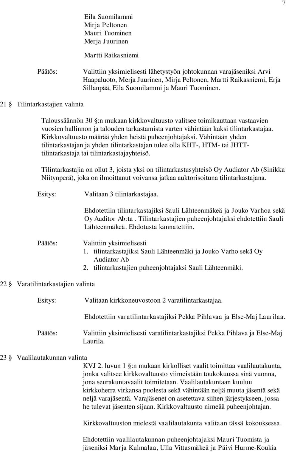 21 Tilintarkastajien valinta Taloussäännön 30 :n mukaan kirkkovaltuusto valitsee toimikauttaan vastaavien vuosien hallinnon ja talouden tarkastamista varten vähintään kaksi tilintarkastajaa.