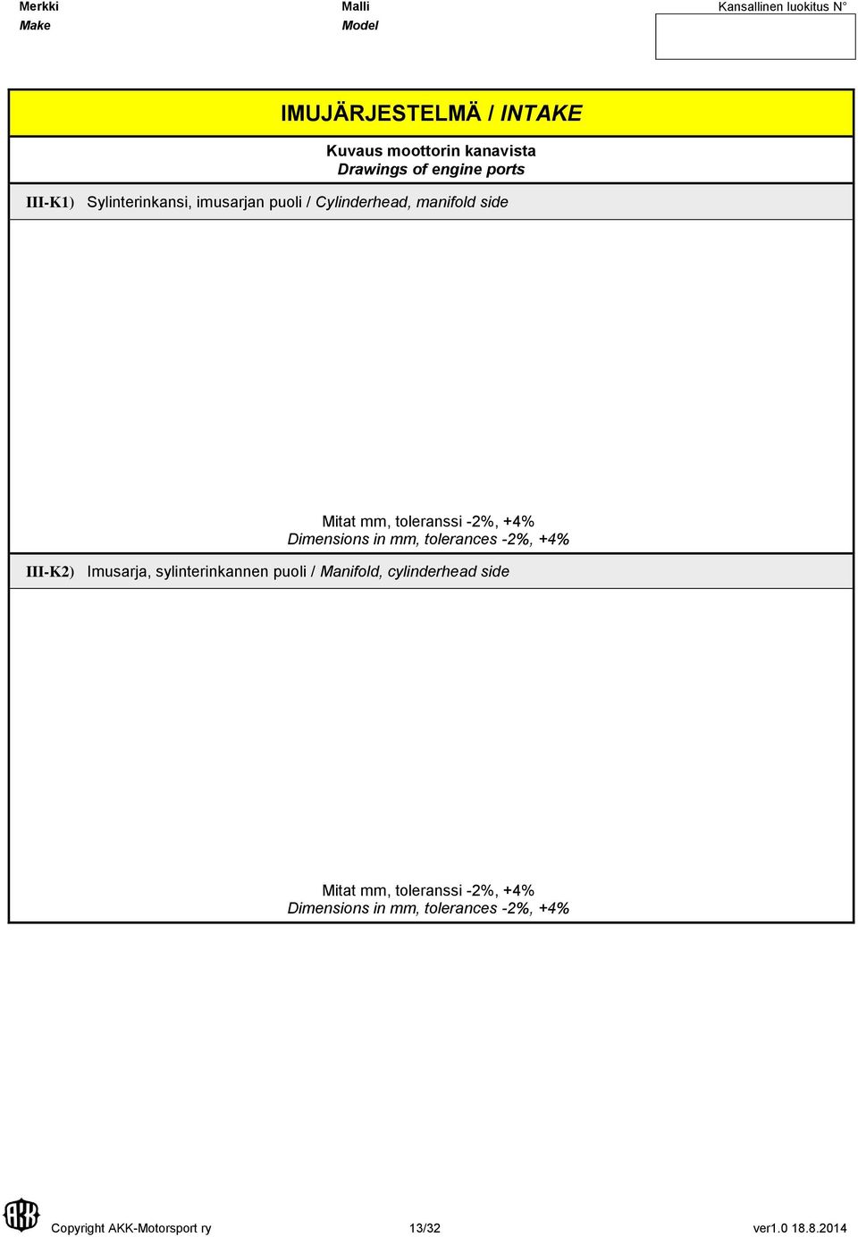 tolerances -2%, +4% III-K2) Imusarja, sylinterinkannen puoli / Manifold, cylinderhead side Mitat mm,