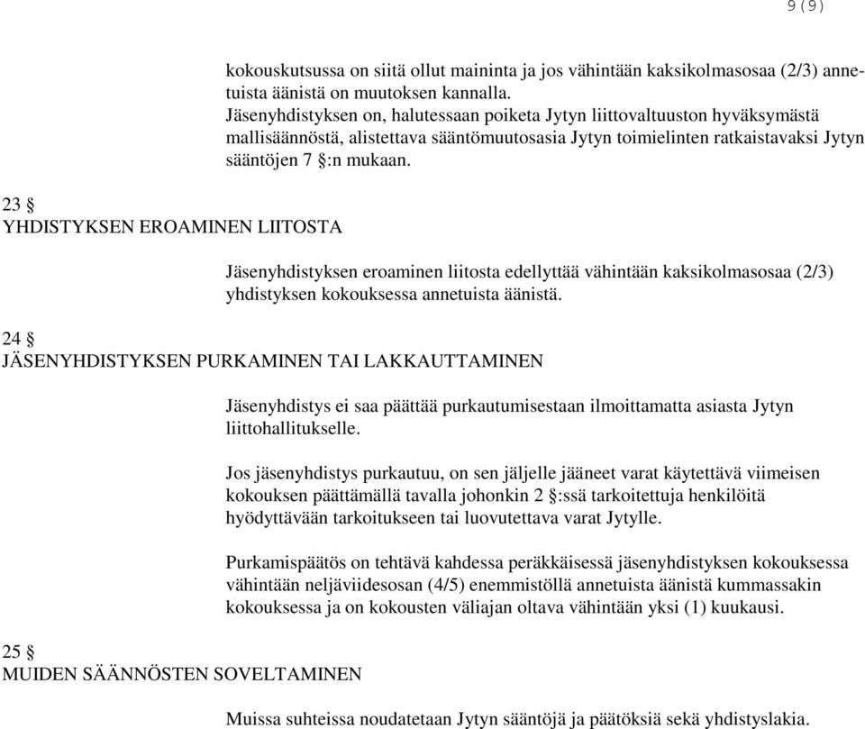 Jäsenyhdistyksen eroaminen liitosta edellyttää vähintään kaksikolmasosaa (2/3) yhdistyksen kokouksessa annetuista äänistä.