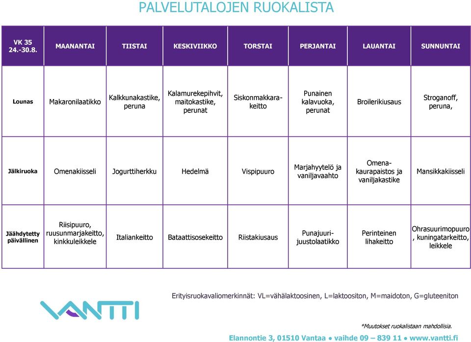 Broilerikiusaus Stroganoff, peruna, Omenakiisseli Jogurttiherkku Hedelmä Vispipuuro Marjahyytelö ja vaniljavaahto