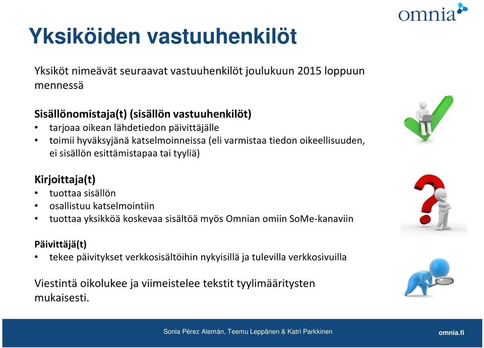 tyyliä) Kirjoittaja(t) tuottaa sisällön osallistuu katselmointiin tuottaa yksikköä koskevaa sisältöä myös Omnian omiin SoMe-kanaviin Päivittäjä(t)