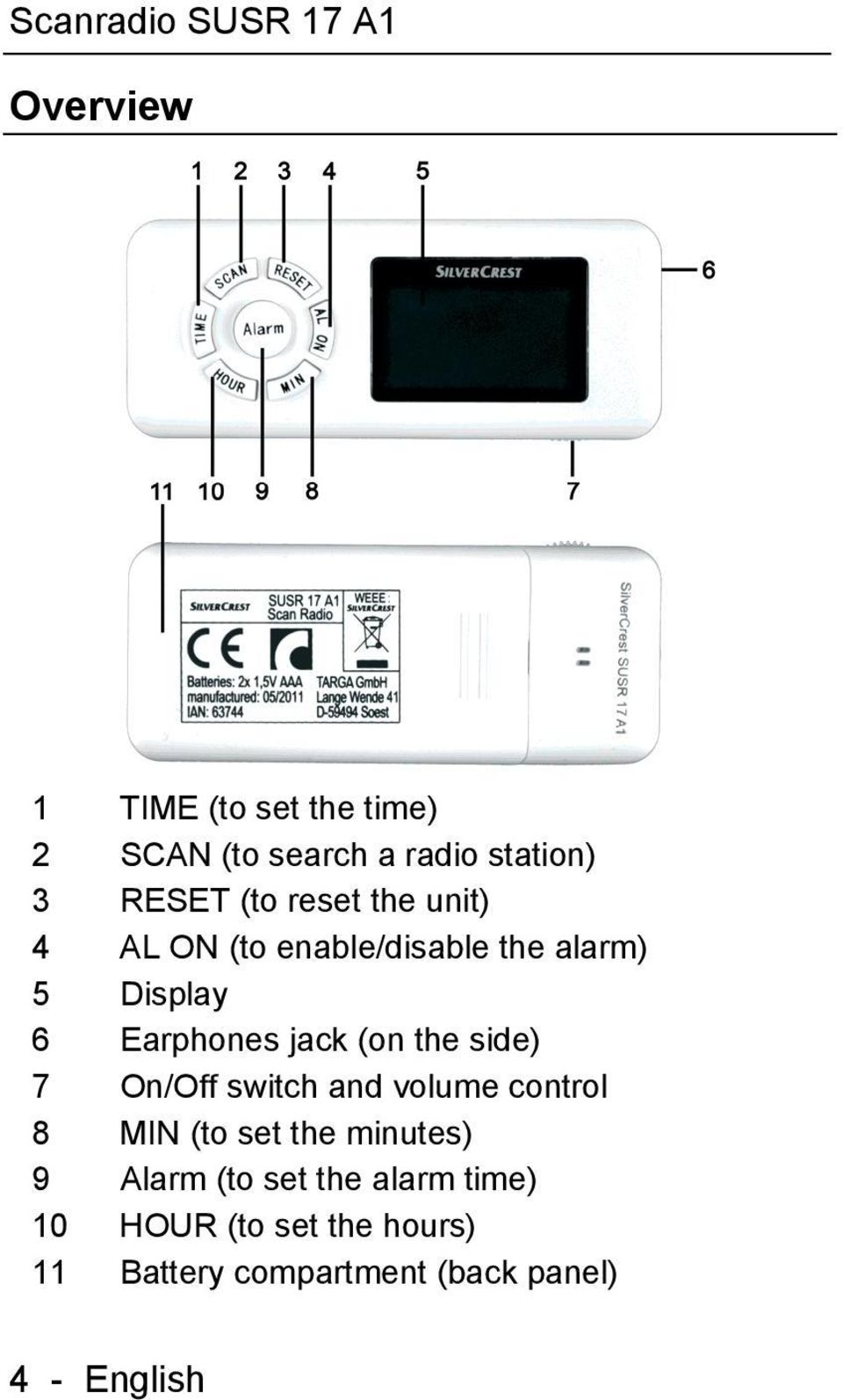 the side) 7 On/Off switch and volume control 8 MIN (to set the minutes) 9 Alarm (to