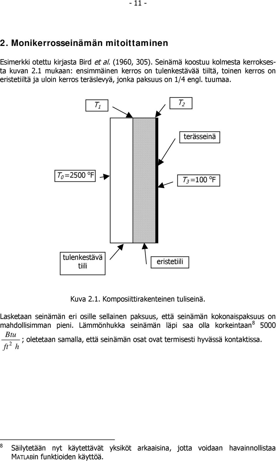 T T terässeinä T 0 =500 o F T 3 =00 o F tulenkestävä tiili eristetiili Kuva.. Komposiittirakenteinen tuliseinä.