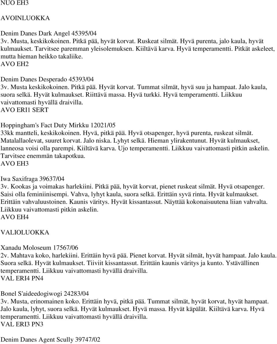 Tummat silmät, hyvä suu ja hampaat. Jalo kaula, suora selkä. Hyvät kulmaukset. Riittävä massa. Hyvä turkki. Hyvä temperamentti. Liikkuu vaivattomasti hyvällä draivilla.