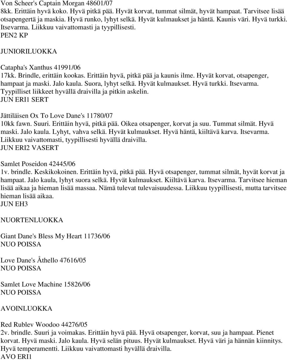 Erittäin hyvä, pitkä pää ja kaunis ilme. Hyvät korvat, otsapenger, hampaat ja maski. Jalo kaula. Suora, lyhyt selkä. Hyvät kulmaukset. Hyvä turkki. Itsevarma.