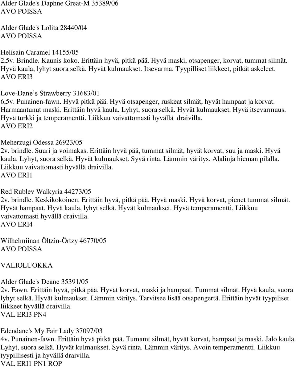 Punainen-fawn. Hyvä pitkä pää. Hyvä otsapenger, ruskeat silmät, hyvät hampaat ja korvat. Harmaantunut maski. Erittäin hyvä kaula. Lyhyt, suora selkä. Hyvät kulmaukset. Hyvä itsevarmuus.